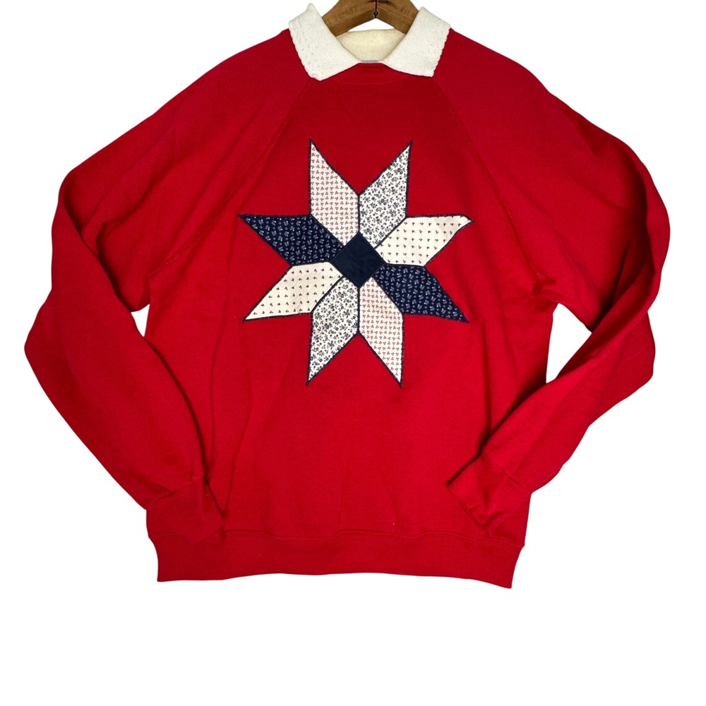 Vintage Tultex Red Sweatshirt Patchwork Star Applique White Collar USA Made L‎